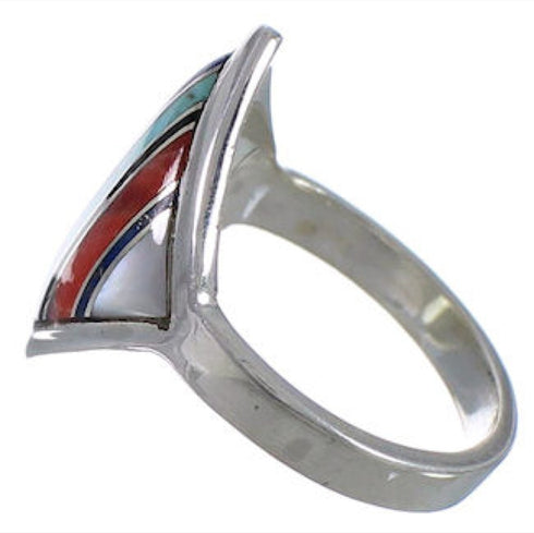Southwestern Sterling Silver Multicolor Inlay Ring Size 6-1/2 UX34374